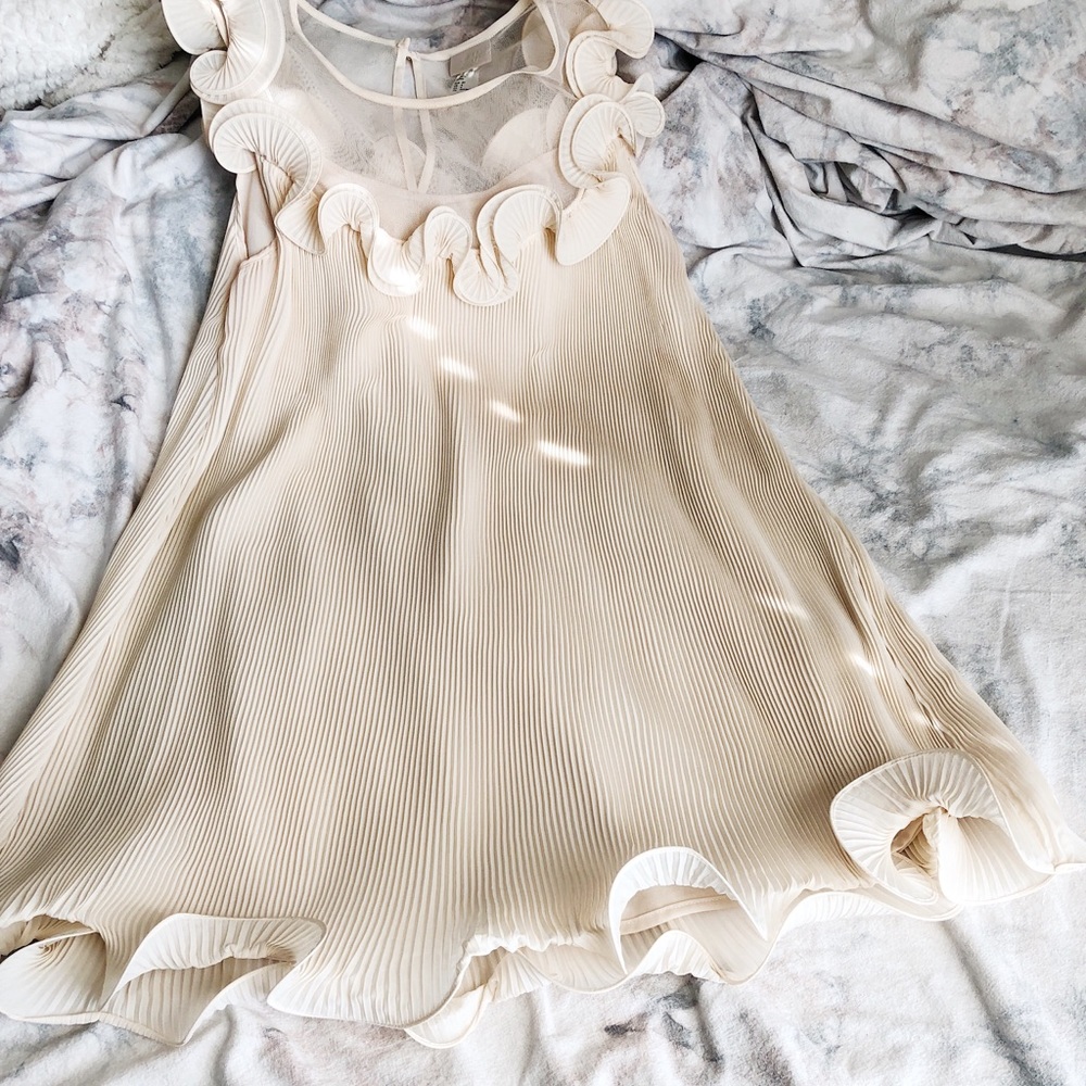 Whimsical, Pleated, Cream, Swirly, Party Dress